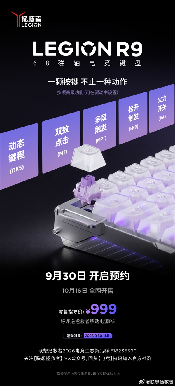 0.001mm高精度触发 拯救者R9 68磁轴键盘999元开卖