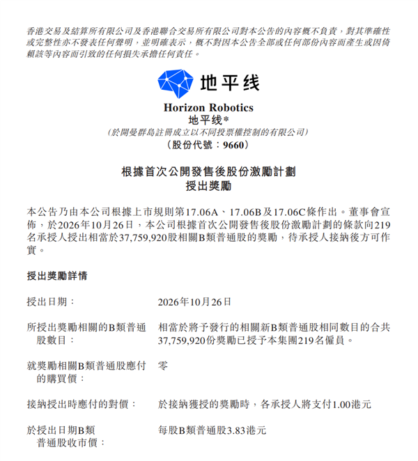 中国好老板!地平线余凯给219名普通员工发了1.45亿:人均66万港元