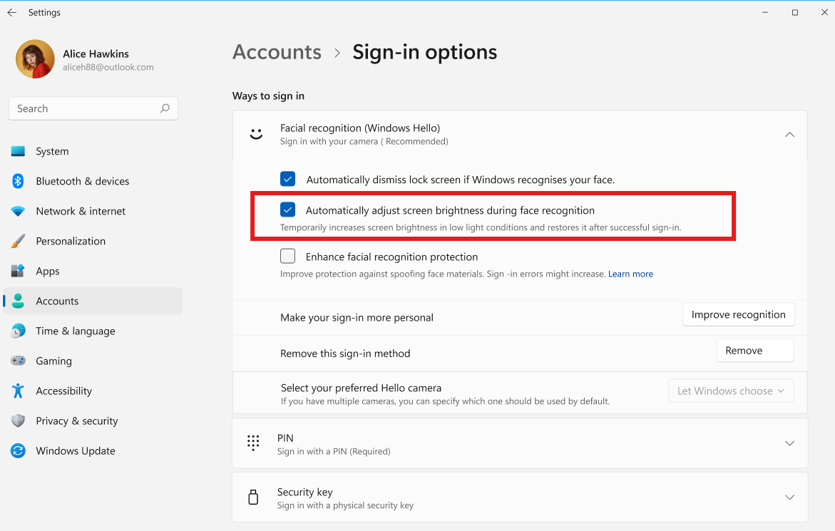 Windows Hello 亮度自动调节设置