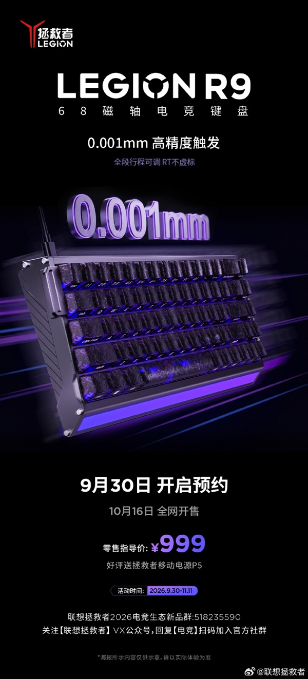 0.001mm高精度触发 拯救者R9 68磁轴键盘999元开卖