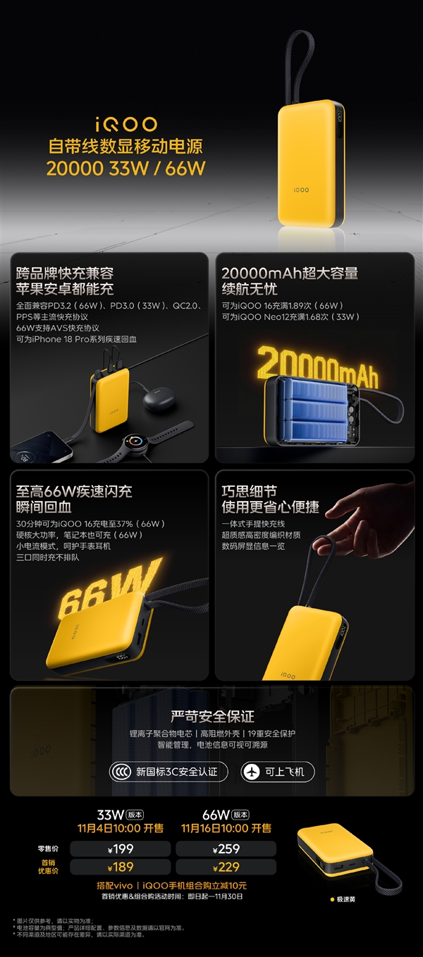 189元起 iQOO自带线数显移动电源20000发布:至高66W闪充