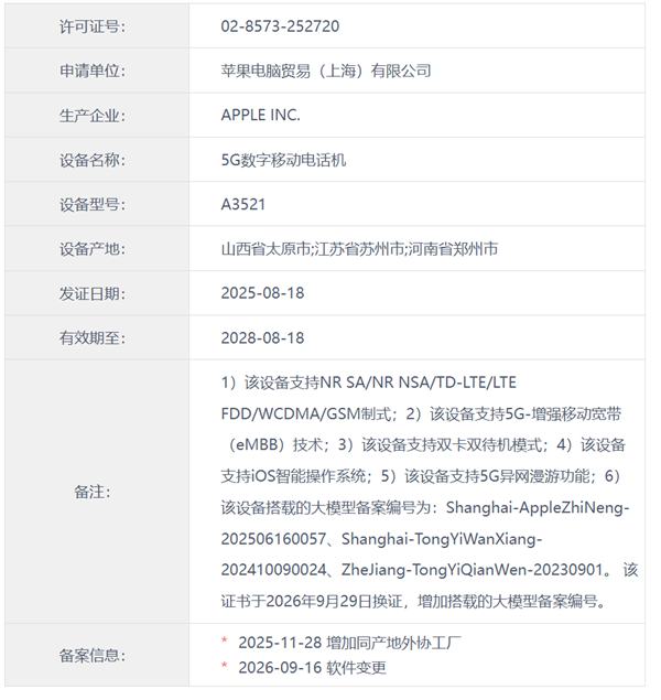 苹果多款国行iPhone新增大模型备案：Apple智能、通义千问等现身