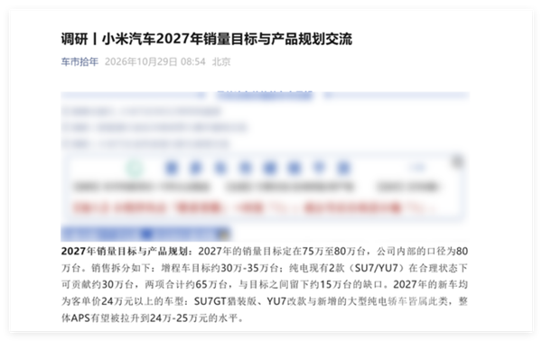 明年目标销量80万辆!小米多款高端新车曝光 新车客单价均价25万元