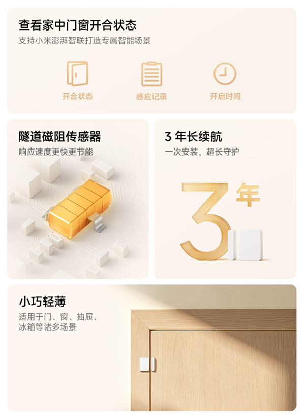49元!小米门窗传感器3发布:升级隧道磁阻传感器、3年长续航